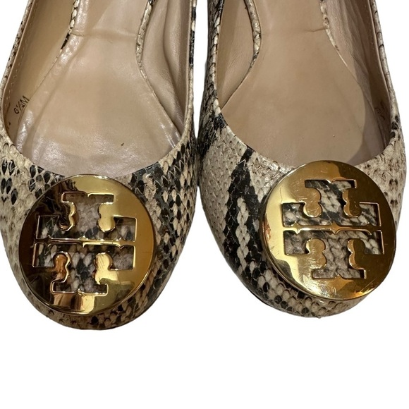Tory Burch Brown Cream Leather Roccio Python Reva Ballet Flats Goldtone Logo - Picture 4 of 12